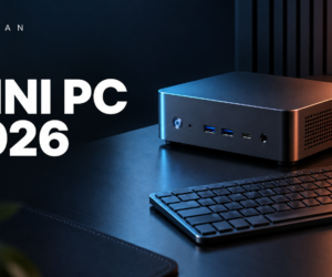 Mini PC compacto de escritorio sobre fondo oscuro