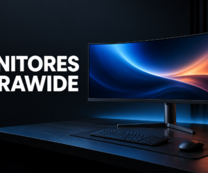 Monitor ultrawide sobre escritorio con iluminación azul y coral
