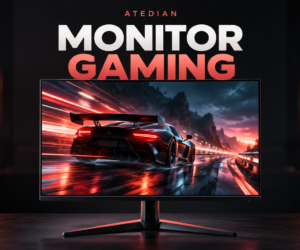 Monitor gaming con escena de carreras, portada Atedian